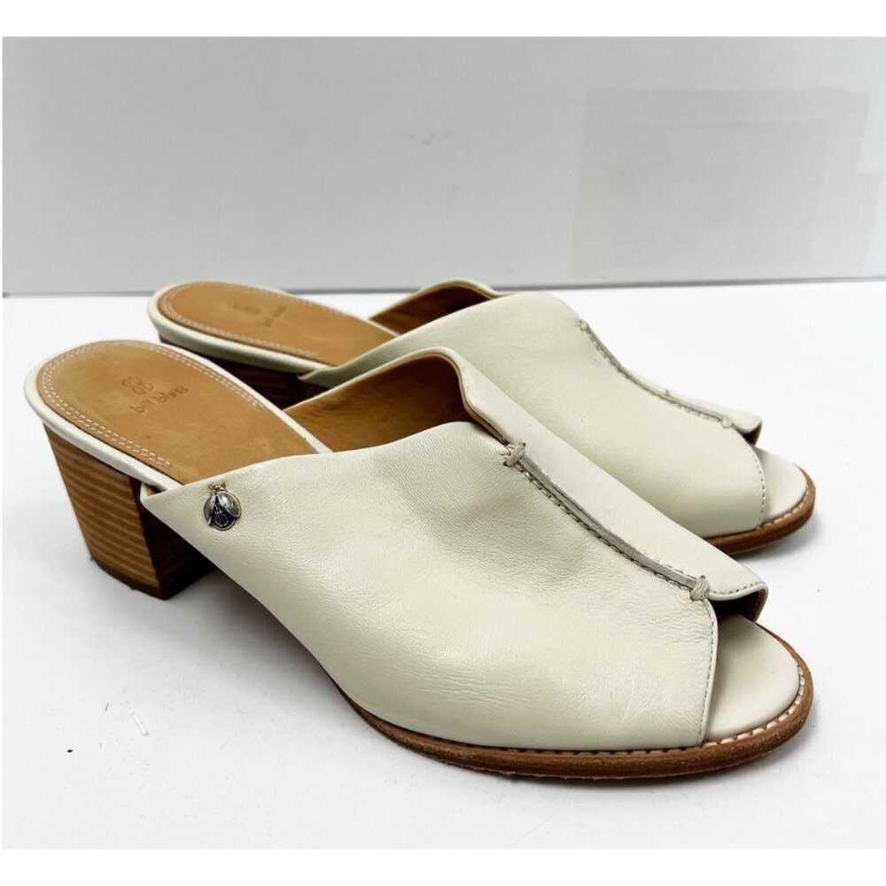 BILL BLASS Mae Leather Beige Cream Mules Sandals Open Toes Block Heels Shoes 8
